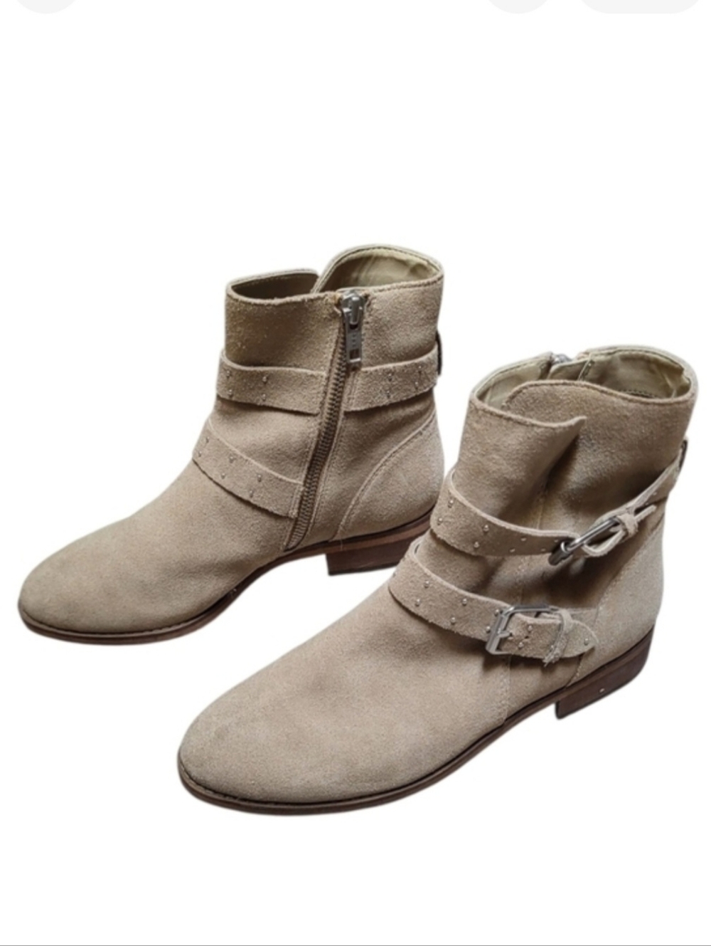 BP Tan Suede Notched Ankle Boots with Decorative Straps - Size 6.5M